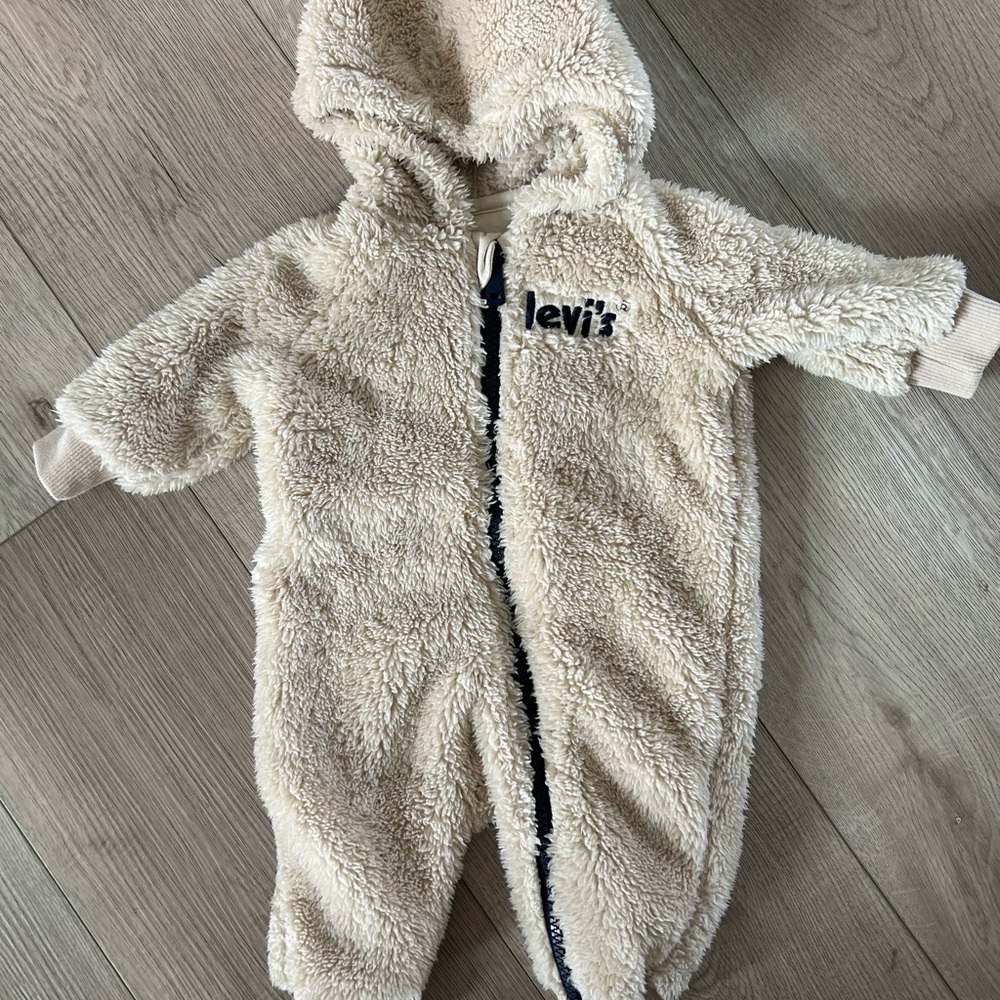 Levi's Beige Fleece Baby Footie and Herschel toque